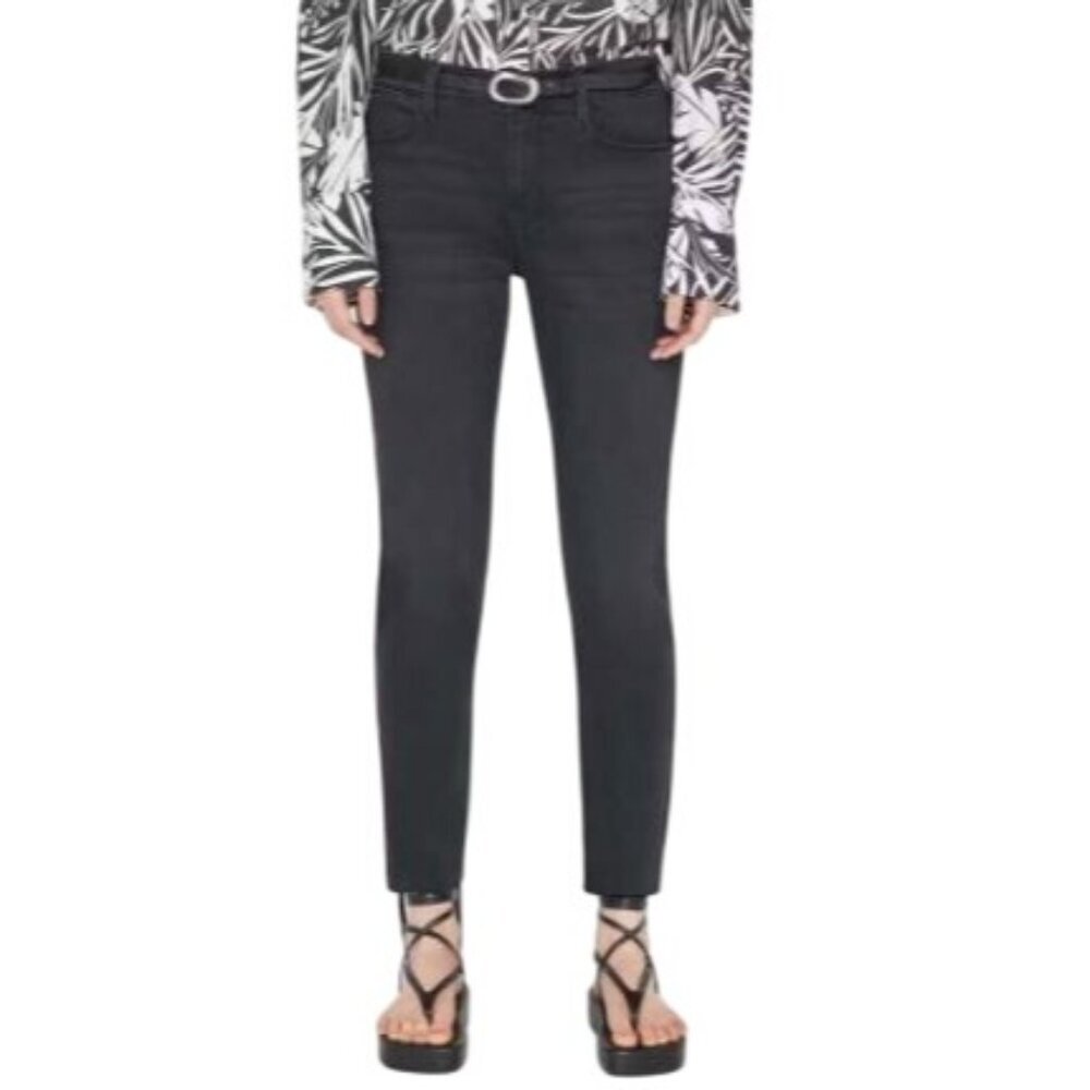 Frame Le High Women's Jeans Straight Kerry Black Denim Raw Hem Crop Size 28 NEW